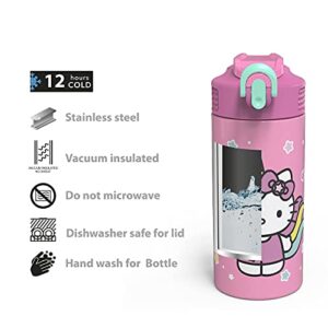 Zak Designs Sanrio Hello Kitty Vacuum Insulated Thermal Kids Water Bottle 14 oz 18/8 Stainless Steel with Flip-Up Straw Spout and Locking Spout Cover, Durable Cup for Sports or Travel