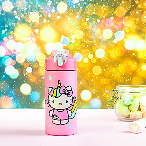 Zak Designs Sanrio Hello Kitty Vacuum Insulated Thermal Kids Water Bottle 14 oz 18/8 Stainless Steel with Flip-Up Straw Spout and Locking Spout Cover, Durable Cup for Sports or Travel