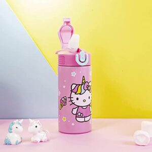 Zak Designs Sanrio Hello Kitty Vacuum Insulated Thermal Kids Water Bottle 14 oz 18/8 Stainless Steel with Flip-Up Straw Spout and Locking Spout Cover, Durable Cup for Sports or Travel