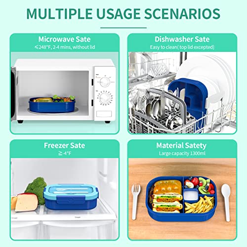 Bento Box for Kids, 1300ML 4 Compartment Bento Box Adult Lunch Box with Cutlery, Lunch Box Containers for Kids/Adults/Toddler, Leak Proof, Microwave/Dishwasher/Refrigerator Safe, BPA Free (Wheat Blue)