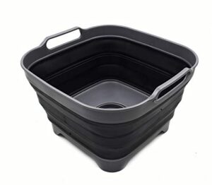 sammart 10l (2.64 gallon) collapsible dishpan with draining plug – foldable washing basin – portable dish washing tub – space saving kitchen storage tray (1, grey/black)