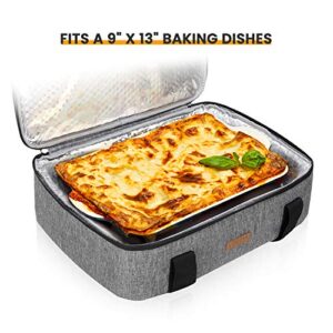 LUNCIA Insulated Casserole Carrier for Hot or Cold Food, Lasagna Lugger Tote for Potluck Parties/Picnic/Cookouts, Fits 9"x13" Baking Dish, Grey