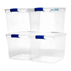 homz heavy duty modular clear plastic stackable storage tote containers with latching and locking lids, 31 quart capacity, 4 pack