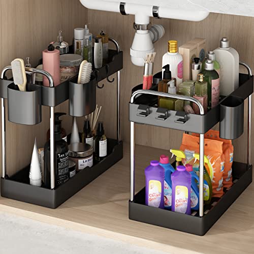 2 Pack Under Sink Organizer,2 Tier Under Sink Storage Organizer with Hooks and Hanging Cups for Bathroom,Kitchen Multi-Purpose Standing Rack Organizer,Bathroom Collection Baskets