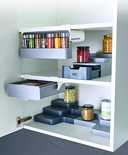 Joseph Joseph CupboardStore Spice Organizer 3M Tape Under-Shelf Pull Out Drawer Storage for Cabinet, One-size, Gray/White