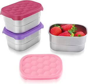 tanjiae stainless steel snack containers for kids | easy open leak proof small food containers with silicone lids – perfect metal toddler lunch box for daycare and school (8oz)