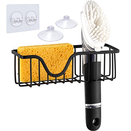 Sponge Holder for Kitchen Sink with Adhesive Hook & Suction Cups - 2 IN 1 Sink Caddy for Sponges, Dish Brush, Scrubbers, Soap - 304 Stainless Steel Kitchen Bathroom Organizer Accessories - Black