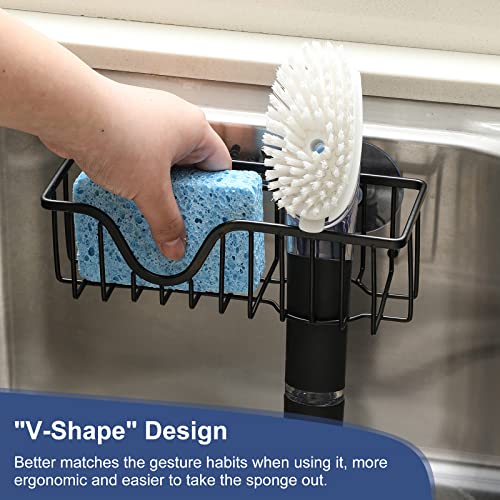 Sponge Holder for Kitchen Sink with Adhesive Hook & Suction Cups - 2 IN 1 Sink Caddy for Sponges, Dish Brush, Scrubbers, Soap - 304 Stainless Steel Kitchen Bathroom Organizer Accessories - Black