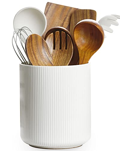 Getstar Utensil Holder, Large Kitchen Utensil Holder for Kitchen Counter (H7.2” x W6.2”), Ceramic Cooking Utensil Holder with Cork Mat, Kitchen Decor for Counter (White, Utensils Not Included)