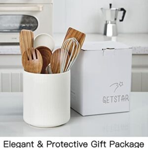 Getstar Utensil Holder, Large Kitchen Utensil Holder for Kitchen Counter (H7.2” x W6.2”), Ceramic Cooking Utensil Holder with Cork Mat, Kitchen Decor for Counter (White, Utensils Not Included)