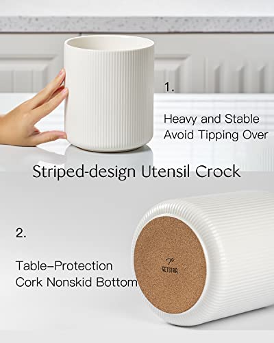 Getstar Utensil Holder, Large Kitchen Utensil Holder for Kitchen Counter (H7.2” x W6.2”), Ceramic Cooking Utensil Holder with Cork Mat, Kitchen Decor for Counter (White, Utensils Not Included)