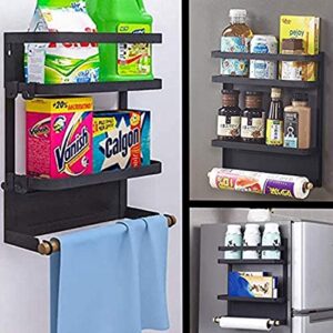 Magnetic Spice Rack, Magnetic Shelf with Paper Towel Holder 2 Tier Kitchen Refrigerator Storage Rack Fridge Magnet Organizer(Black, Medium)