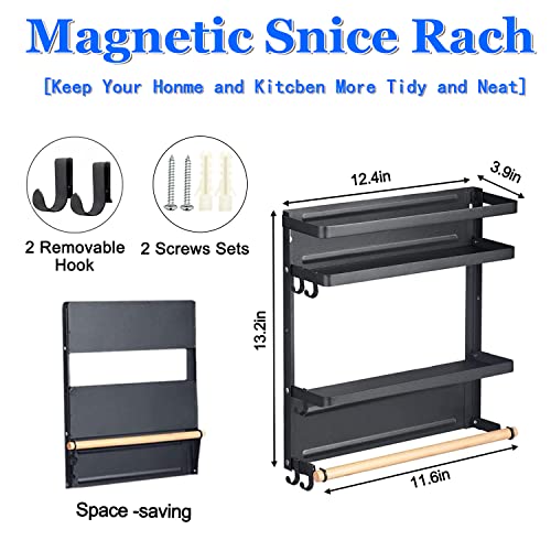 Magnetic Spice Rack, Magnetic Shelf with Paper Towel Holder 2 Tier Kitchen Refrigerator Storage Rack Fridge Magnet Organizer(Black, Medium)