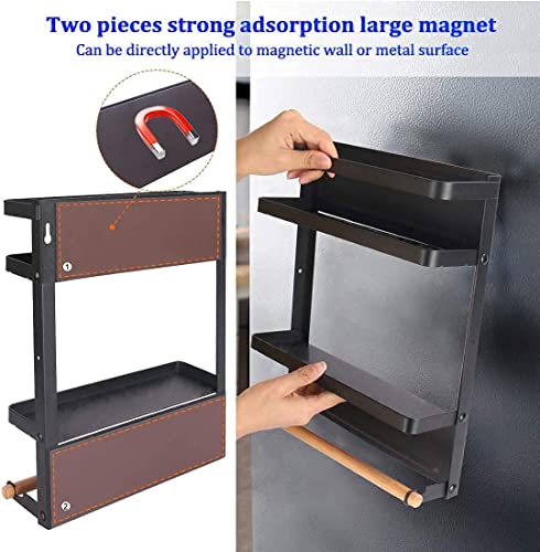 Magnetic Spice Rack, Magnetic Shelf with Paper Towel Holder 2 Tier Kitchen Refrigerator Storage Rack Fridge Magnet Organizer(Black, Medium)