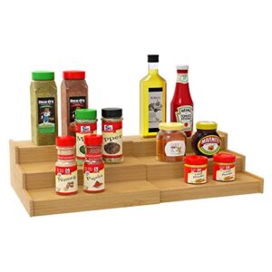 lenwi spice rack organizer for cabinet, 3 tier expandable bamboo spice storage, great for kitchen cabinet, cupboard,pantry and more(natrual)