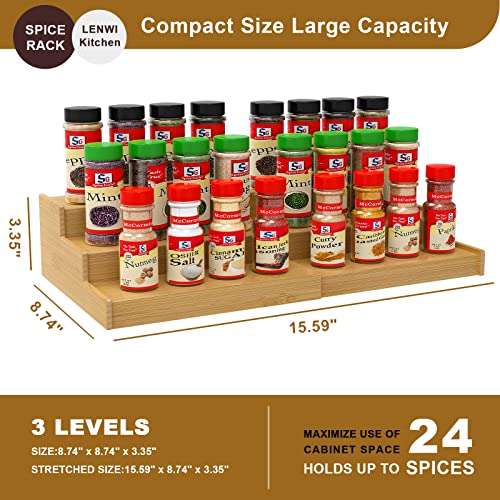 Lenwi Spice Rack Organizer for Cabinet, 3 Tier Expandable Bamboo Spice Storage, Great for Kitchen Cabinet, Cupboard,Pantry and More(Natrual)