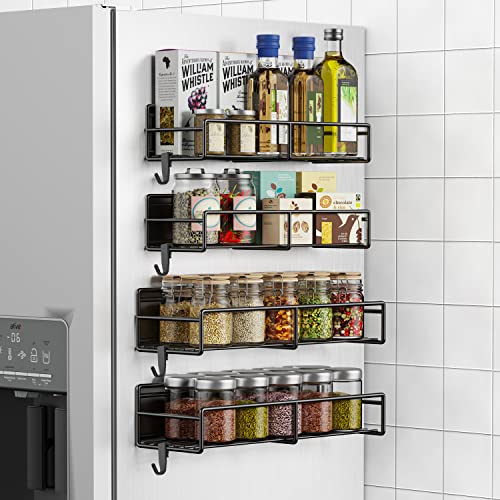 Magnetic Spice Rack Organizer 4 Pack Spice Magnet Shelf Seasoning Mounted Spice Racks With 4 Hooks for Cabinet Refrigerator Space Saving Kitchen Organization for Spice Jars and Seasoning Bottles