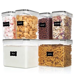 vtopmart airtight food storage containers 6 pieces – plastic bpa free kitchen pantry storage containers for sugar,flour and baking supplies – dishwasher safe – include 24 labels, black