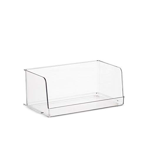 Set of 4 Clear Pantry Organizer Bins Stackable Household Plastic Food Storage Basket with Wide Open Front for Kitchen, Countertops, Cabinets, Refrigerator, Freezer, Bedrooms, Bathrooms - 12" Wide