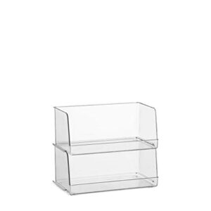 Set of 4 Clear Pantry Organizer Bins Stackable Household Plastic Food Storage Basket with Wide Open Front for Kitchen, Countertops, Cabinets, Refrigerator, Freezer, Bedrooms, Bathrooms - 12" Wide