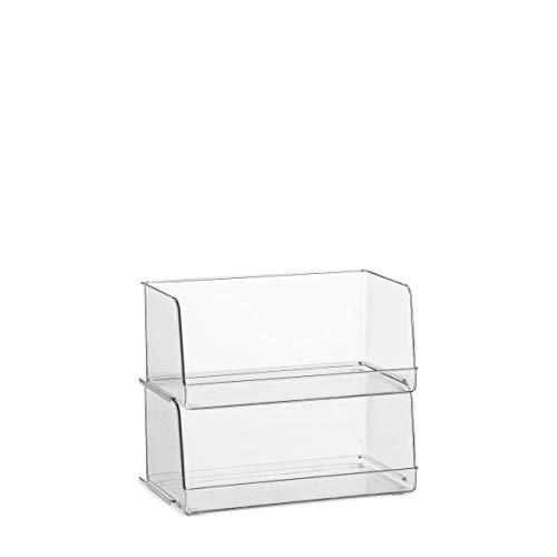 Set of 4 Clear Pantry Organizer Bins Stackable Household Plastic Food Storage Basket with Wide Open Front for Kitchen, Countertops, Cabinets, Refrigerator, Freezer, Bedrooms, Bathrooms - 12" Wide