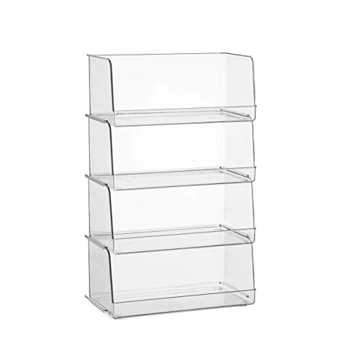 Set of 4 Clear Pantry Organizer Bins Stackable Household Plastic Food Storage Basket with Wide Open Front for Kitchen, Countertops, Cabinets, Refrigerator, Freezer, Bedrooms, Bathrooms - 12" Wide