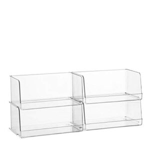 Set of 4 Clear Pantry Organizer Bins Stackable Household Plastic Food Storage Basket with Wide Open Front for Kitchen, Countertops, Cabinets, Refrigerator, Freezer, Bedrooms, Bathrooms - 12" Wide