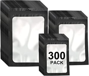 300 pack 3 sizes resealable mylar bags food storage smell proof bags with front window packaging pouch for sample snack cookies jewelry (black, 3 x 4.7 inch,4 x 6 inch,4.7 x 7.9 inch)