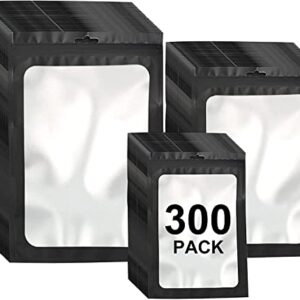 300 Pack 3 Sizes Resealable Mylar Bags Food Storage Smell Proof Bags with Front Window Packaging Pouch for Sample Snack Cookies Jewelry (Black, 3 x 4.7 inch,4 x 6 inch,4.7 x 7.9 inch)