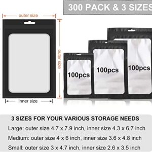 300 Pack 3 Sizes Resealable Mylar Bags Food Storage Smell Proof Bags with Front Window Packaging Pouch for Sample Snack Cookies Jewelry (Black, 3 x 4.7 inch,4 x 6 inch,4.7 x 7.9 inch)