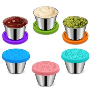 6pack 2.4oz small condiment containers with lids, salad dressing container to go, stainless steel sauce container with silicone lids, leakproof, reusable, small dipping sauce cups with lids