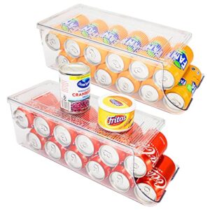 scavata 2 pack soda can organizer for refrigerator, stackable canned food pop cans container can holder dispenser with lid for fridge pantry rack freezer, clear plastic storage bins-holds 12 cans each