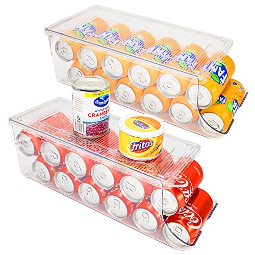 SCAVATA 2 Pack Soda Can Organizer for Refrigerator, Stackable Canned Food Pop Cans Container Can Holder Dispenser with Lid for Fridge Pantry Rack Freezer, Clear Plastic Storage Bins-Holds 12 Cans Each