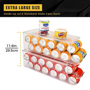 SCAVATA 2 Pack Soda Can Organizer for Refrigerator, Stackable Canned Food Pop Cans Container Can Holder Dispenser with Lid for Fridge Pantry Rack Freezer, Clear Plastic Storage Bins-Holds 12 Cans Each