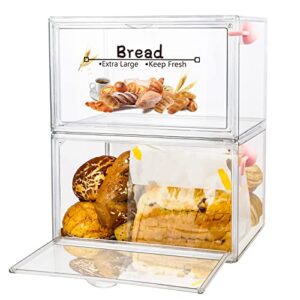 risiculis 2pcs large bread box for kitchen countertop, stackable double layer bread storage container, clear bread boxes for kitchen counter, bread keeper for homemade bread, bagel, muffins, rolls