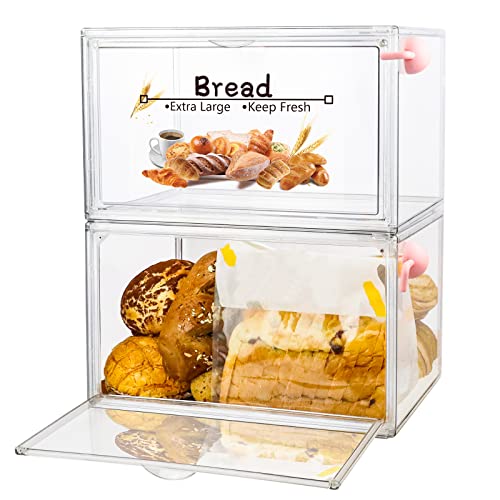 RISICULIS 2PCS Large Bread Box for Kitchen Countertop, Stackable Double Layer Bread Storage Container, Clear Bread Boxes for Kitchen Counter, Bread Keeper for Homemade Bread, Bagel, Muffins, Rolls