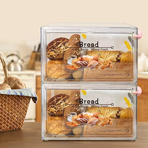 RISICULIS 2PCS Large Bread Box for Kitchen Countertop, Stackable Double Layer Bread Storage Container, Clear Bread Boxes for Kitchen Counter, Bread Keeper for Homemade Bread, Bagel, Muffins, Rolls