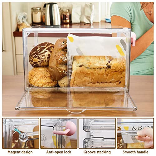 RISICULIS 2PCS Large Bread Box for Kitchen Countertop, Stackable Double Layer Bread Storage Container, Clear Bread Boxes for Kitchen Counter, Bread Keeper for Homemade Bread, Bagel, Muffins, Rolls