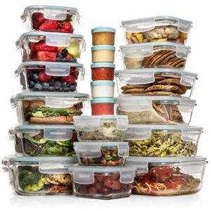 razab 35 pc set glass food storage containers with lids – glass meal prep containers airtight glass bento boxes bpa-free 100% leak proof (15 lids,15 glass & 5 plastic sauce/dip containers)
