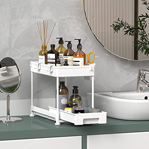 SPACELEAD Under Sink Organizers and Storage, Under Sliding Cabinet Basket Organizer, 2 Tier Under Sink Storage for Bathroom Kitchen with Hooks, Hanging Cup, The Bottom Can Be Pulled Out White