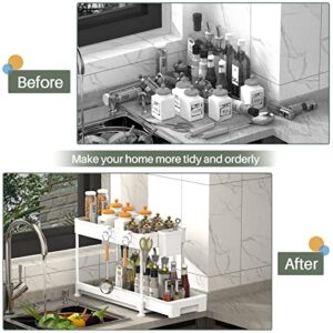 SPACELEAD Under Sink Organizers and Storage, Under Sliding Cabinet Basket Organizer, 2 Tier Under Sink Storage for Bathroom Kitchen with Hooks, Hanging Cup, The Bottom Can Be Pulled Out White