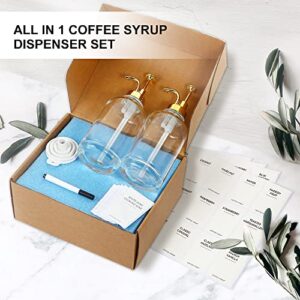 2 Pack 16.9OZ Coffee Syrup Dispenser for Coffee Bar with Labels and Gold Pump, 500ML Syrup Bottles for Coffee Bar Home Bar, BPA Free & Durable Transparent Glass Coffee Syrup Dispenser Bottles