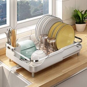 dish drying rack, stainless steel dish rack and drainaboard set, expandable(11.5″-19.3″) sink dish drainer with cup holder utensil holder for kitchen counter