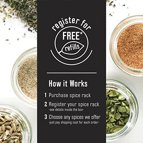 Kamenstein Brushed Stainless Steel 20-Jar Revolving Countertop Spice Rack, Pre Filled Spice in the USA, 5 Year Free Refills, Removable Sifter Cap with easy to Refill Glass Jars Labeled