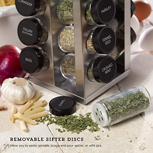 Kamenstein Brushed Stainless Steel 20-Jar Revolving Countertop Spice Rack, Pre Filled Spice in the USA, 5 Year Free Refills, Removable Sifter Cap with easy to Refill Glass Jars Labeled