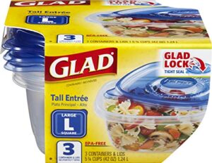 glad gladware tall entrée food storage containers | large square containers for food hold up to 42 ounces of food, 3 count | strong and sturdy large food storage holders