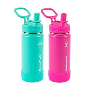 thermoflask double wall vacuum insulated stainless steel kids water bottle with straw lid, 16 ounce, 2-pack, aquamarine/storm pink
