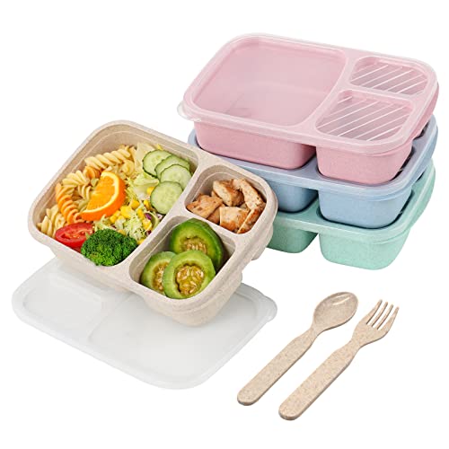 4 Pack Bento Lunch Box，3-Compartment Meal Prep Containers，Lunch Box for Kids，Durable BPA Free Plastic Reusable Food Storage Containers - Stackable, Suitable for Schools, Companies,Work and Travel