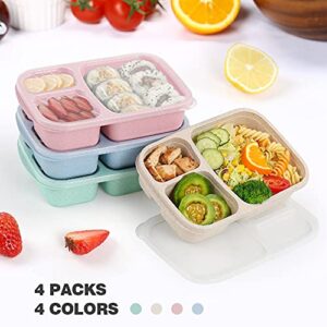 4 Pack Bento Lunch Box，3-Compartment Meal Prep Containers，Lunch Box for Kids，Durable BPA Free Plastic Reusable Food Storage Containers - Stackable, Suitable for Schools, Companies,Work and Travel