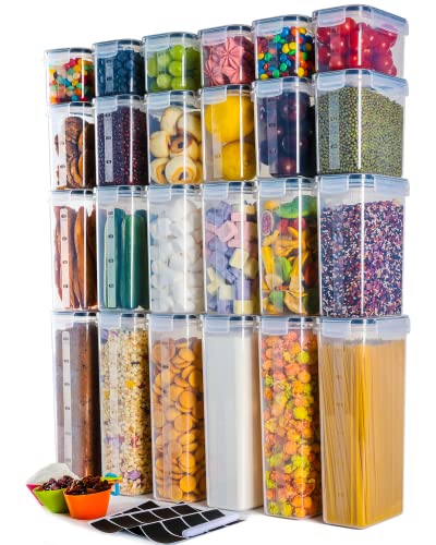 Airtight Food Storage Containers with Lids, Clear Pantry Canister Set for Kitchen Organization, Stackable Organizers for Flour, Sugar, Cereal, Rice, BPA Free Plastic 24 Pack with Different Sizes